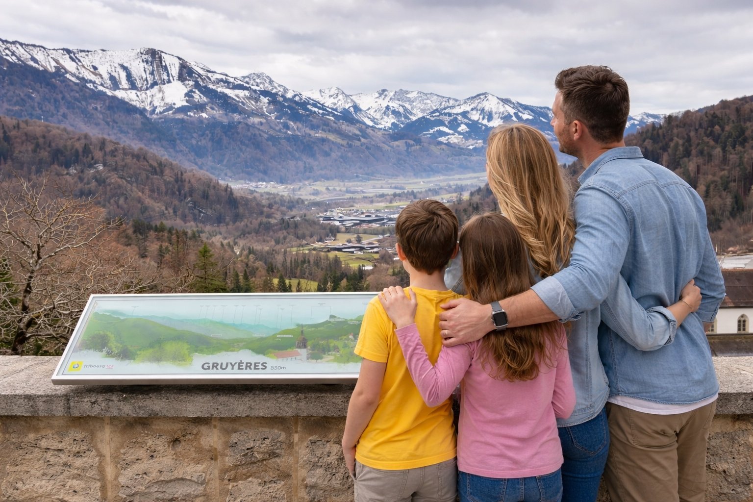 Famille devant les montagnes de Gruyères